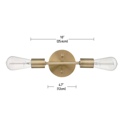 Two Light Matte Brass Vanity Light With Open Sockets Reversible Mount For Horizontal Or Vertical Install Glam Bathroom Lighting With Dimmable Bulbs Showcase Edison Style Lamps Model 51736, front view with dimensions.