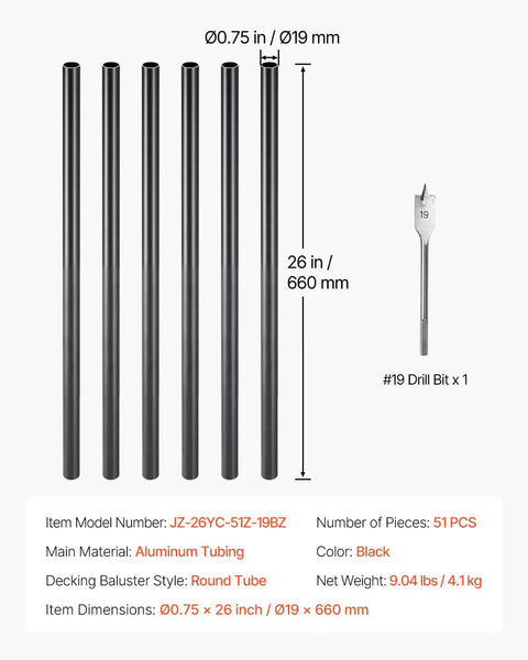 Aluminum Deck Balusters 51 Pack 26 Inch Hollow Round Metal Spindles For Stairs Porch And Patio All Weather Rustproof Black Railing Kit With Three Quarter Inch Posts And Included Drill Bit shown in measurements with drill bit on side.