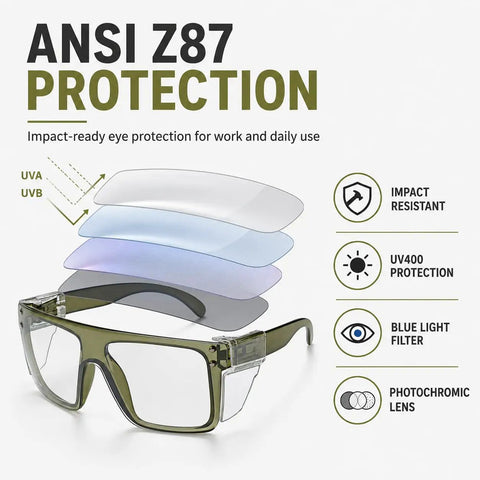 Solid Z87 Compliant Safety Glasses Featuring Kickass Photochromic Transition Lenses With Slick Removable Side Shields For Heavy Duty Impact Protection And Smooth UV400 Anti Blue Light Filters