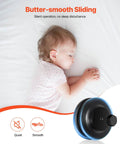 Baby sleeping soundly next to butter-smooth sliding barn door roller, silent operation ensures no sleep disturbance