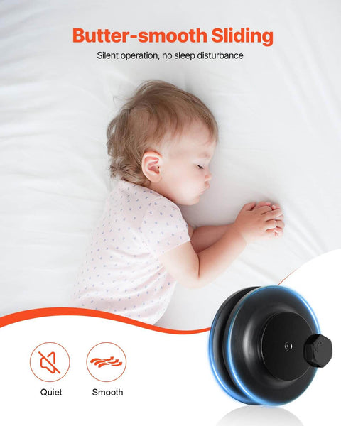Baby sleeping soundly next to butter-smooth sliding barn door roller, silent operation ensures no sleep disturbance