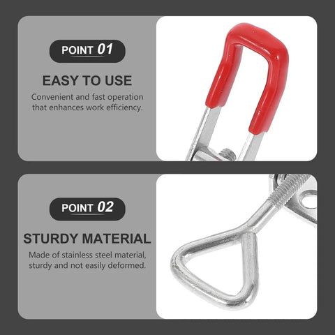 Close-up of 4 inch heavy duty adjustable toggle latch clamp with red handle and lock hole for toolbox use