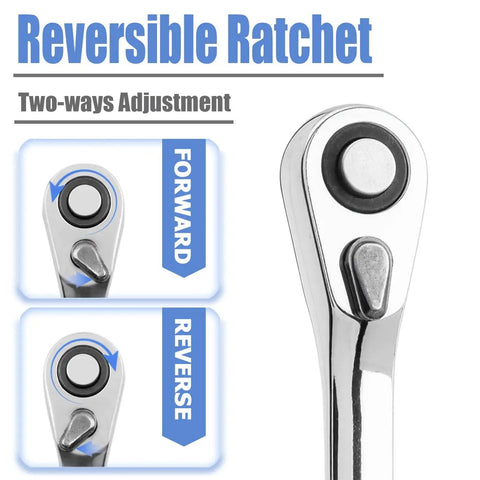 Reversible Mini 72-Tooth One Quarter Inch Ratchet Wrench with Dual Head Hex Bit Holder and Square Drive