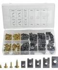 Road Ready 170 Piece U Clip And Screw Kit Black Zinc Plated Pan Head Screws For Auto Door Panel Dashboard Trim Interior Replacement Hardware set in organizer box.