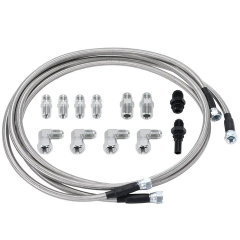 Universal 6AN 70 Inch Stainless Steel Braided PTFE Transmission Fluid Oil Cooler Hose Kit With AN6 Fittings For TH350 TH400 4L60E 4L80E 700R4 200-4R TR6060 Ford AOD 4R100 4R70W And C5 with fittings laid out