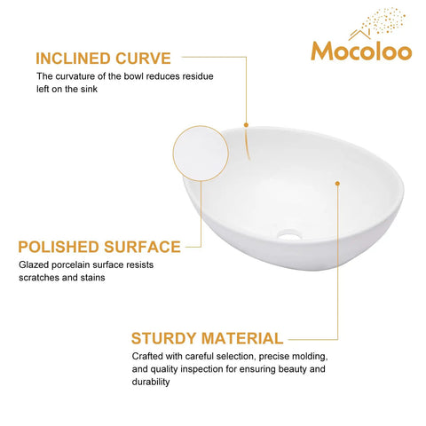 Oval Vessel Sink 16 Inch Countertop Bathroom Sink White Porcelain Vanity Bowl Above Counter Ceramic Basin with labeled features
