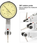 Pro Grade Dial Test Indicator 0 to 0.8mm Range with 0.01mm Precision, dovetail mount, 180 degree rotatable probe, side view