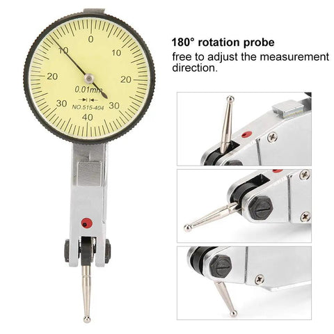 Pro Grade Dial Test Indicator 0 to 0.8mm Range with 0.01mm Precision, dovetail mount, 180 degree rotatable probe, side view