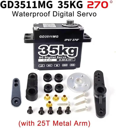 Beefy 35Kg Digital Servo with metal gear and 25T servo horn, shown with components for RC crawlers, IP67 waterproof, 270° swing.