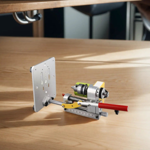 Get This Portable Mini Drill Press For CNC Table Milling With Powerful 795W Dc Motor Up To 7000RPM For Wood, Plastic And Soft Aluminum. Features Precise Depth Control With Limit Rod For Accurate Benchtop Drilling And Expansible Base Setup. Compact drill press showing adjustable depth control on wooden surface.