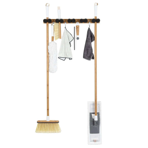 Get A Grip Wall Mounted Mop And Broom Organizer Made Of Lightweight Bamboo With Foam Pegs, tools hanging, front view
