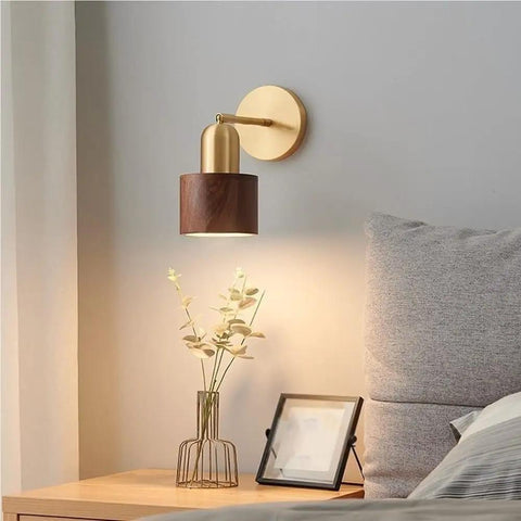 Walnut Wood Wall Sconce With Brass Arm Rotatable Head And Adjustable Cylinder Shade, Mid Century Modern Reading Lamp