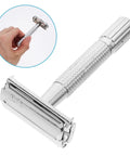 Long Handle Safety Razor for Men With Butterfly Open Design, Old School Vintage Style Beard Shaver and Facial Hair Remover displayed