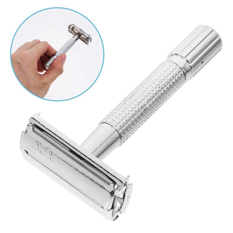 Long Handle Safety Razor for Men With Butterfly Open Design, Old School Vintage Style Beard Shaver and Facial Hair Remover displayed