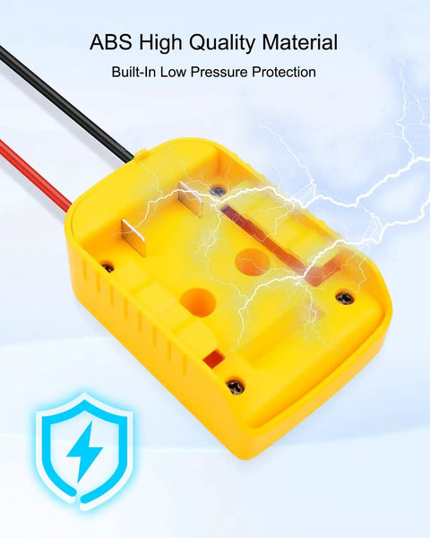 Plug-And-Play Adapter Kit For 18V/20V Batteries with yellow ABS case showing built-in low voltage protection for RC projects
