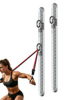 Woman performing resistance training using the Built Like A Tank Wall Mount Resistance Band Anchor Rack in aluminum.