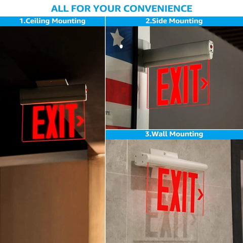 Red Emergency Exit Sign UL 924 LED Edge Lit, Battery Backup, Double Sided With Rotating Acrylic Panel, Pro Grade Hardwired Mountable Ceiling Wall Side, 120 277V AC, Damp Rated, Pack Of 2