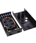Six Port Wall Mount Fiber Enclosure Kit With Spool For Singlemode OS1 Includes One Meter Twelve Strand UPC Pigtail And Six Port Duplex LGX Panel, black metal