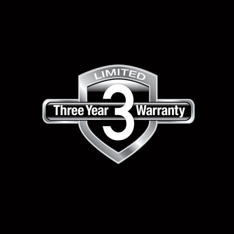Logo displaying a limited three-year warranty emblem on a silver and black shield background.