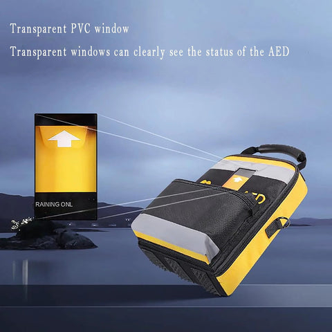 Defibrillator pouch, yellow and black two-layer medical storage bag with reflective strips and a top handle for AED120MC.