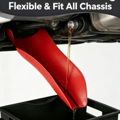 Flex Silicone Oil Drain Funnel Kit With Bendable Guide Plates For Car And Truck Fluids Lets You Change Motor Oil Without Splashes Or Messy Cleanup Super Easy To Use And Clean, red silicone funnel under car