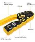 Close-up of RJ45 Pass Through Ethernet Crimp Tool Kit showing ergonomic handle, carbon steel build, and cutting features.