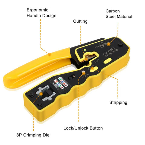 Close-up of RJ45 Pass Through Ethernet Crimp Tool Kit showing ergonomic handle, carbon steel build, and cutting features.