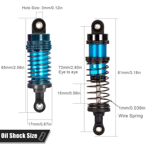 Four 72mm Aluminum Oil Shocks Set For 1 12 1 16 Scale RC Cars Front And Rear Upgrade Kit dimensions detail display