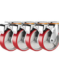 Heavy Duty Swivel Caster Set Of Four With Locking Brakes Silent Polyurethane Wheels, shown from the side, metallic and red wheels.