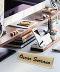 Clear Acrylic Desk Name Plates 12 Pack With Horizontal Slant Back 2x8 Sign Holders on modern office desk