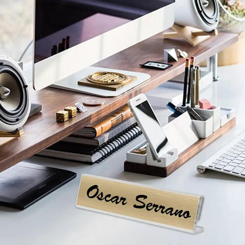 Clear Acrylic Desk Name Plates 12 Pack With Horizontal Slant Back 2x8 Sign Holders on modern office desk