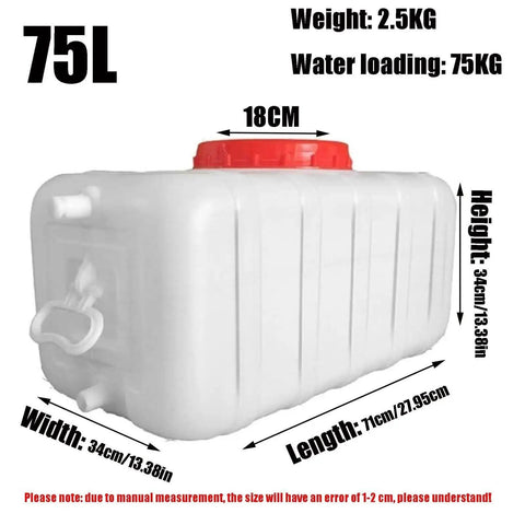 Food Grade Plastic Water Storage Tank 75L with measurements marked, designed for home, office, school, hotel, and event use.