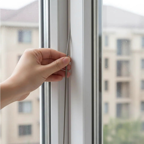 Hand inserting a 1/4 inch foam strip backer rod into a window gap for sealing preparation. Grab This Cool 26 Ft Backer Rod For Your DIY Projects!