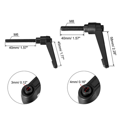Quick Release Clamping Levers Push Button Ratchet Handles Adjustable Toggle Latches showing M6 and M8 sizes with dimensions.