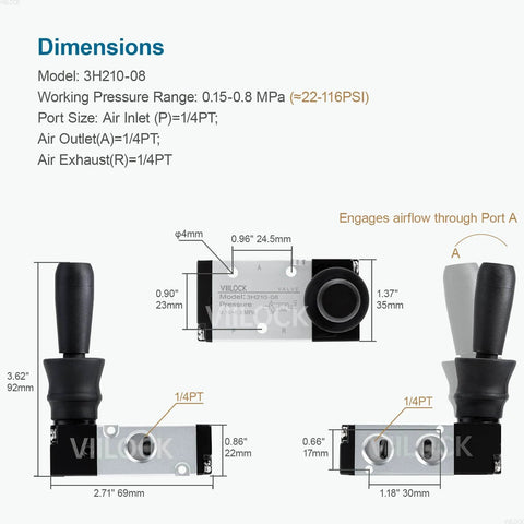 Three Way Two Position Pneumatic Solenoid Valve With Hand Lever Push Pull Manual Control One Quarter Inch NPT Ports Aluminum Body Direct Drive Model 3H210-08 Heavy Duty Industrial Air Valve dimensions