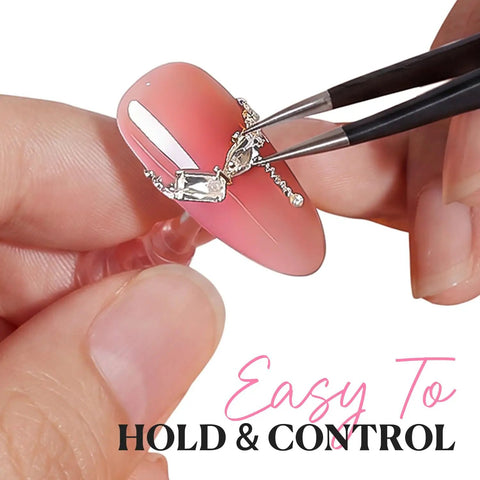 Close-up of a pink acrylic nail held with tweezers, highlighting the Magnetic Nail Stand Set For Press Ons Acrylic Nail Holder And Display Kit.