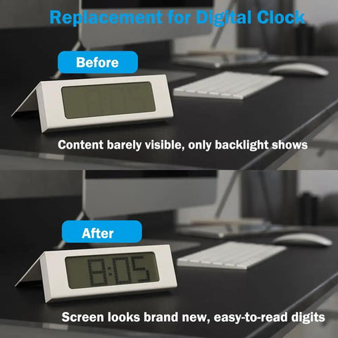 Before and after display of digital clock showing effect of Two Pack Adhesive Polarizing Film Sheets 7.8x11.8 Inches 20x30 Cm Linear Polarizer