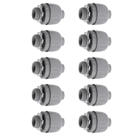 Battle Tough 10 Pack 1 Inch NPT Liquid Tight Conduit Connectors Heavy Duty Nylon electrical fittings arranged in a row.