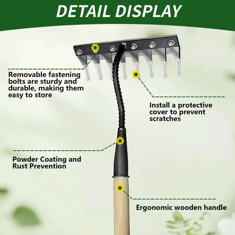 Eight Tine Garden Weed Puller Tool With Wooden Handle, Rustproof Manganese Steel Rake, Spray Coated, ergonomic grip detail