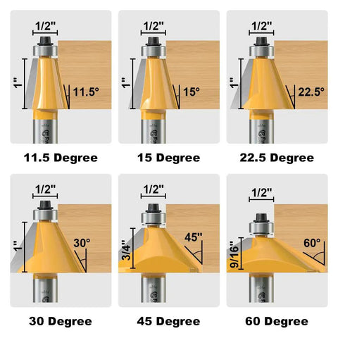Beefed Up Chamfer Router Bit Set With One Half Inch Shank Carbide Tipped Edge Forming Cutters, showing 11.5 to 60 Degree angles