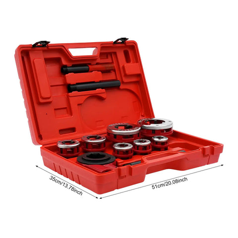 All In One Pipe Threading Kit With Seven Die Heads And Ratchet For PVC Galvanized Iron Plastic And PPR Pipes From Three Eighths Inch To Two Inches In Red Finish