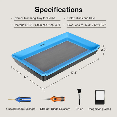 Heavy Duty 2 In 1 Trimming Tray With 150 Micron Fine Mesh Screen Dry Sift Kit And 2 Trimming Scissors, blue and black, dimensions 17.3 x 12 x 2.2 inches