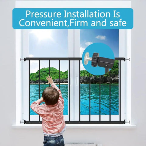 Child reaching for Extra Wide White Window Safety Guard for Kids and Pets No Drill Easy Install Tension Security Gate.