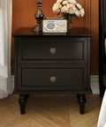 Antique Bronzy Cabinet Knobs Set With Vintage Flower Pattern Drawer Pull Handles on dark wooden nightstand