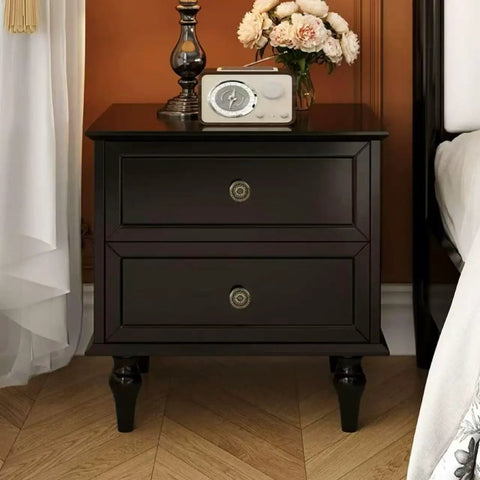 Antique Bronzy Cabinet Knobs Set With Vintage Flower Pattern Drawer Pull Handles on dark wooden nightstand