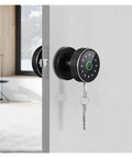 Solid Pro Grade Smart Lock Fingerprint Knob Door with Wireless APP Control, sleek touchscreen and key option.