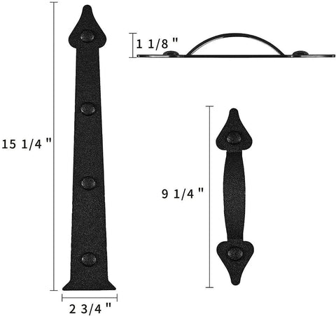 Magnetic Garage Door Decorative Hardware Kit With Faux Hinges And Handles, 6 Piece Set In Black, showing hinge and handle dimensions.