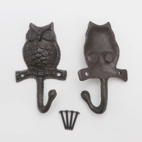 Set Of Two Cast Iron Owl Wall Hooks Super Heavy Duty Rustic Coat Rack Hangers Old School Vibe Built Like A Tank Sturdy As Nails To Hang Your Outerwear Inside, featuring intricate owl design.
