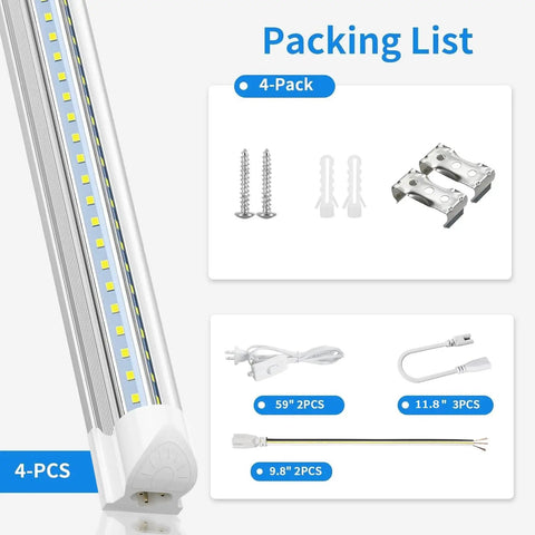 Bright 2 Foot LED Shop Light 22W 3300 Lumens 5000K Daylight V Shape Linkable Ceiling Tube Fixture packing list with accessories