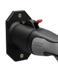 Close-up of heavy duty EV charger holder for Type 2 plugs, wall mount, waterproof, locking dock for secure storage.